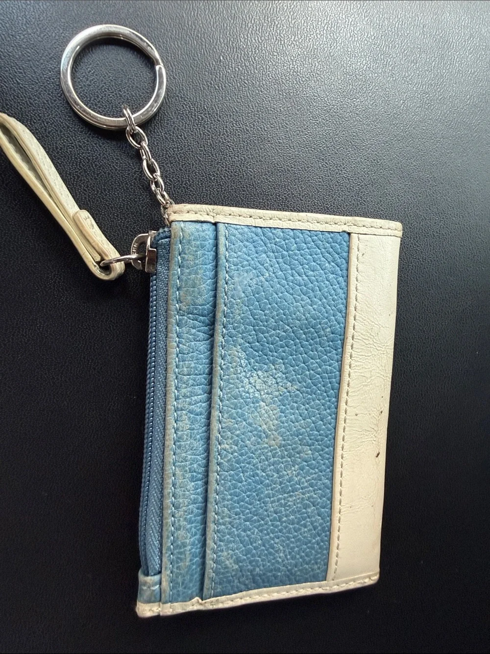 Coach Blue and Cream Leather Key & Card Holder with Key Ring